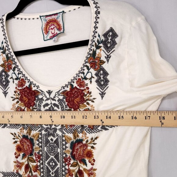Johnny Was Zaret Long Sleeve Shirt Size Small Embroidered Floral Front Ivory Tee - Picture 9 of 13